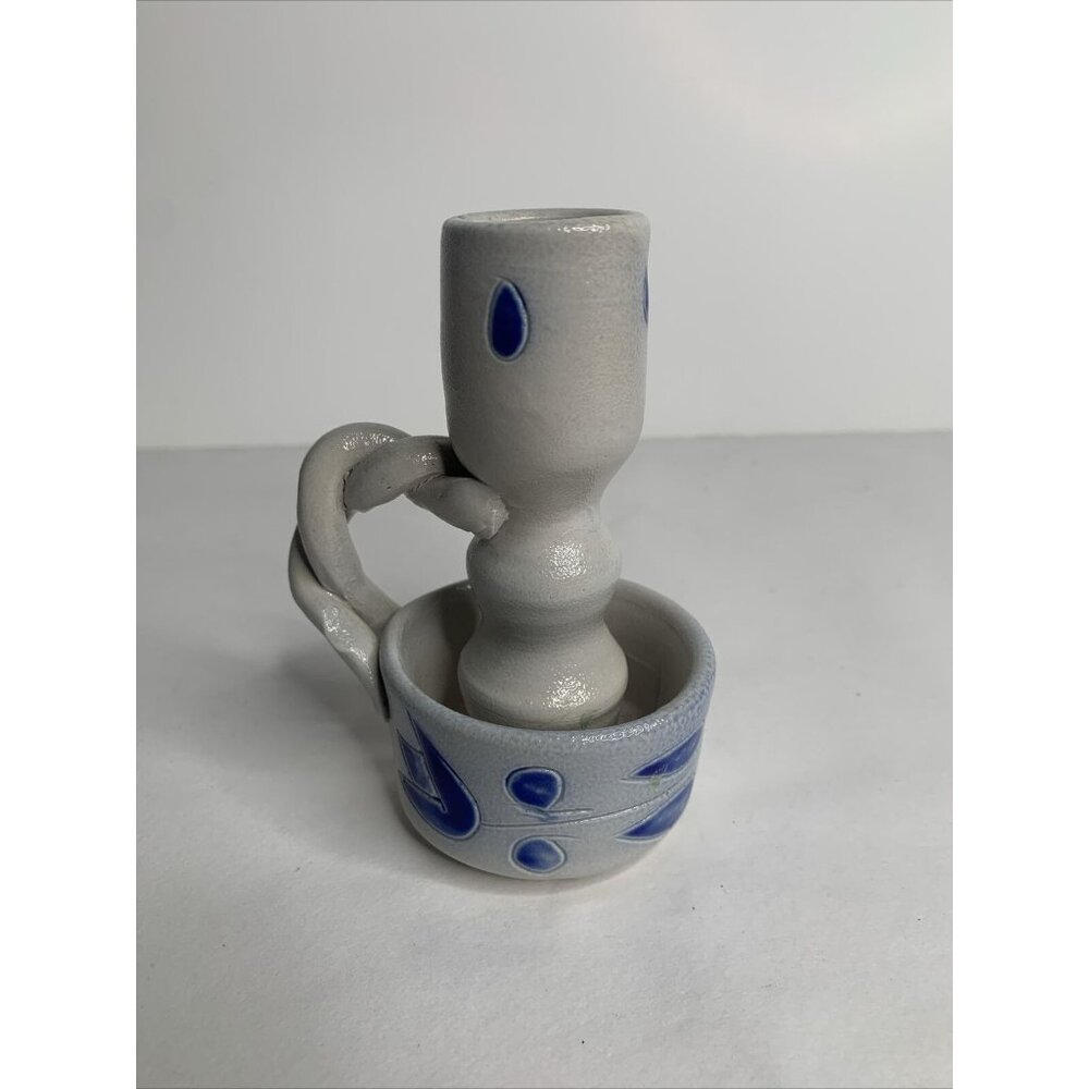 Vintage Hand-Carved Williamsburg Pottery Cobalt Salt Glazed Candle Holder
